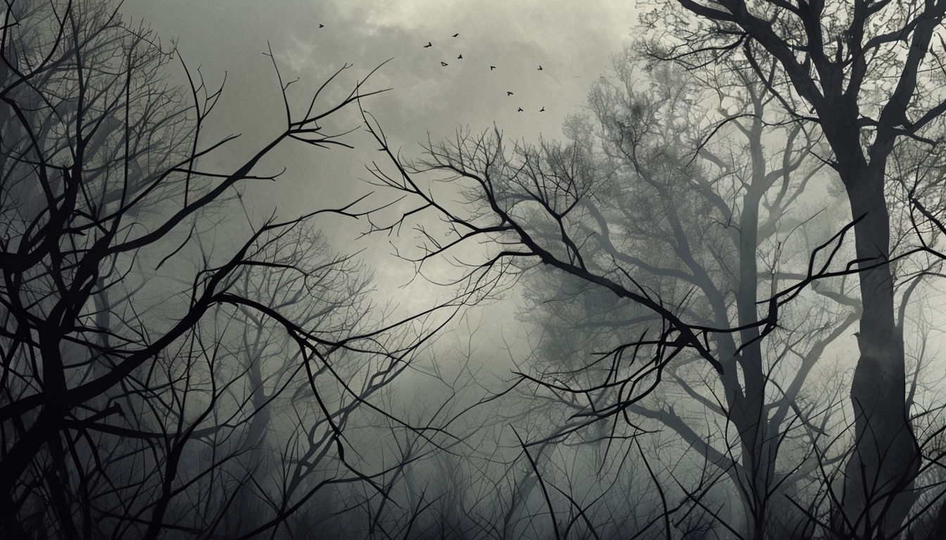 Eerie Dark Forest Scene with Bare Branches Virtual Background
