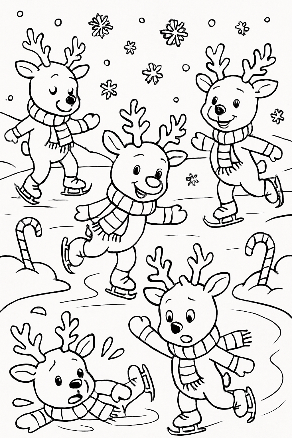 Cheerful Cartoon Reindeer Ice Skating Scene Coloring Page
