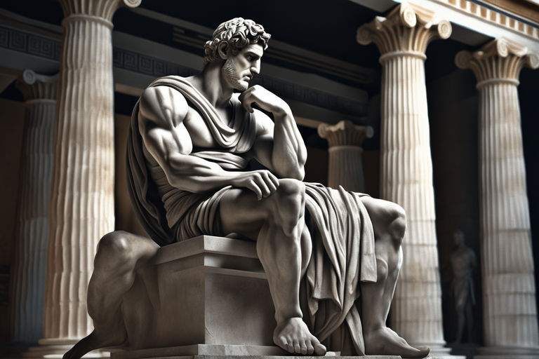 A statue of a muscular greek man sitting thinking in a dim g... by ...