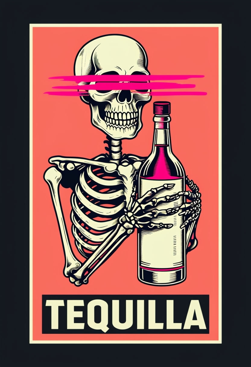 Vintage Skeleton Holding Tequila Bottle Illustration Poster