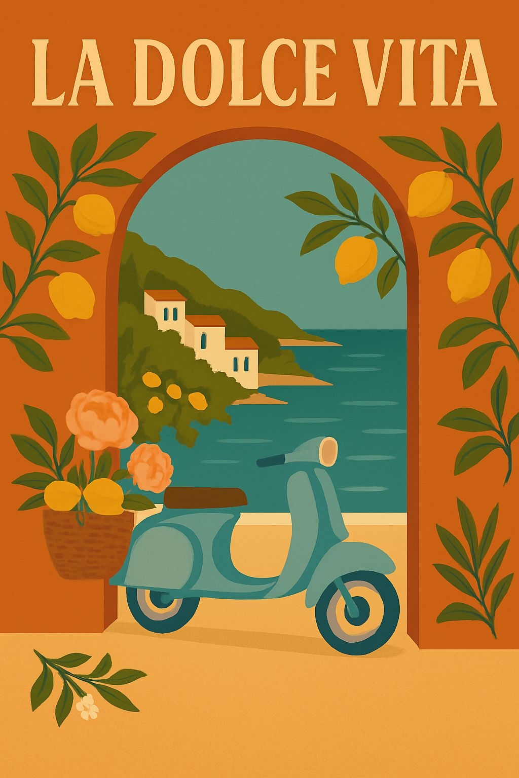 La Dolce Vita Vintage Coastal Scene Illustration Art