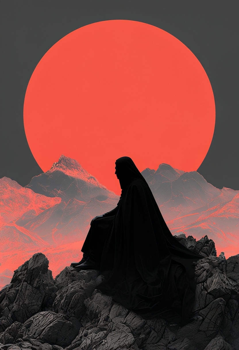 Contemplative Coral Red Sun and Mysterious Figure Art Poster