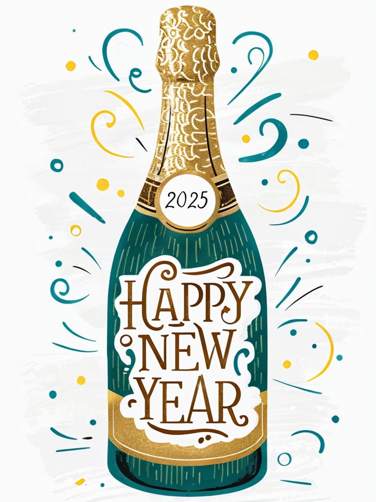 Festive New Year's Champagne Bottle Greeting Card Design