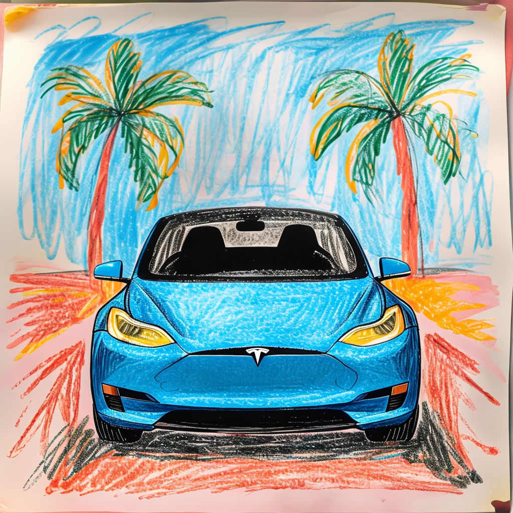 Whimsical Child-like Drawing of a Blue Electric Car with Palm Trees Art