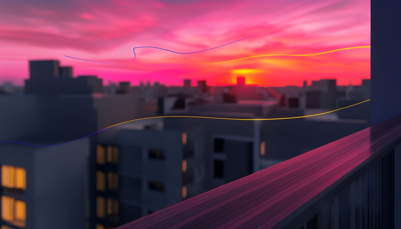 Chic Urban Balcony Sunset View with Surreal Artistic Flair Background
