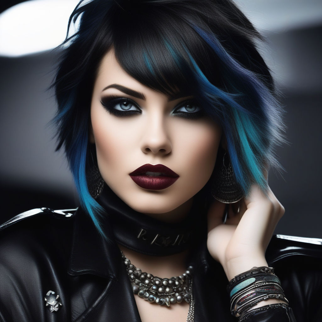 a woman with medium black and blue hair and gothic makeup