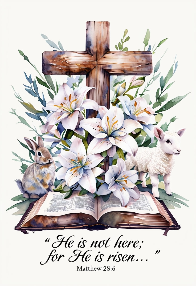 Watercolor Cross and Lilies with Inspirational Bible Quote Social Media Post