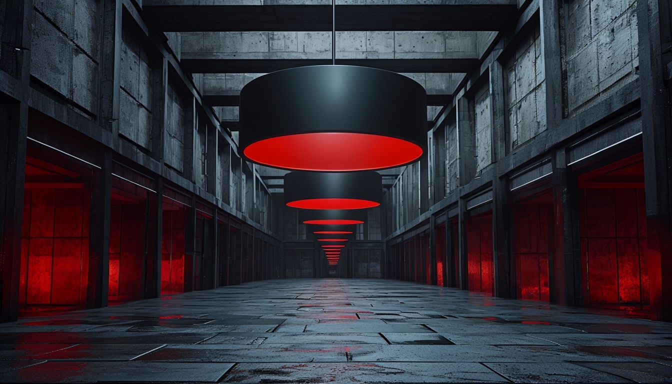 Eerie Industrial Corridor with Red Lighting Virtual Background