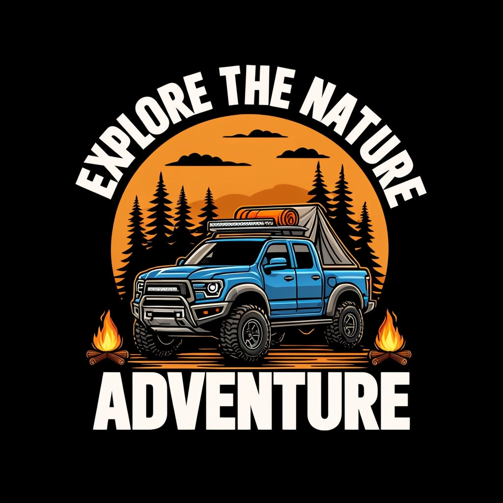 Adventure Awaits with Blue Pickup Truck and Nature T-Shirt