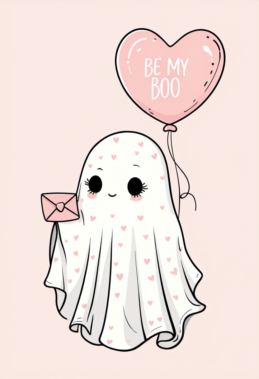 Cute Whimsical Ghost with Heart Balloon Illustration Card