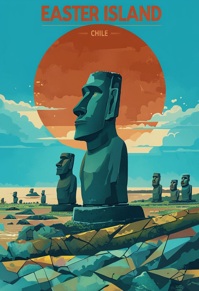 Vibrant Easter Island Moai Statues Digital Art Poster