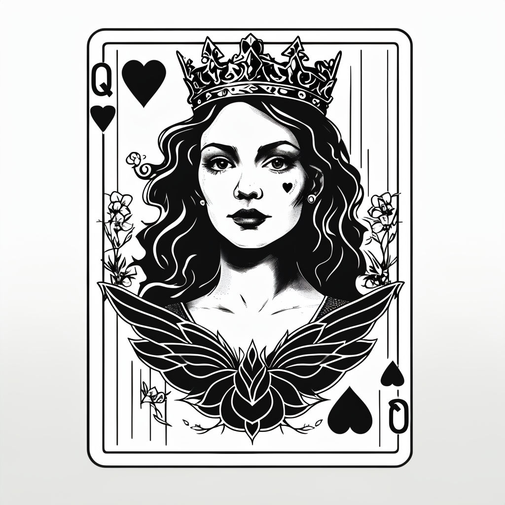 Monochromatic Queen of Hearts Playing Card Tattoo Art