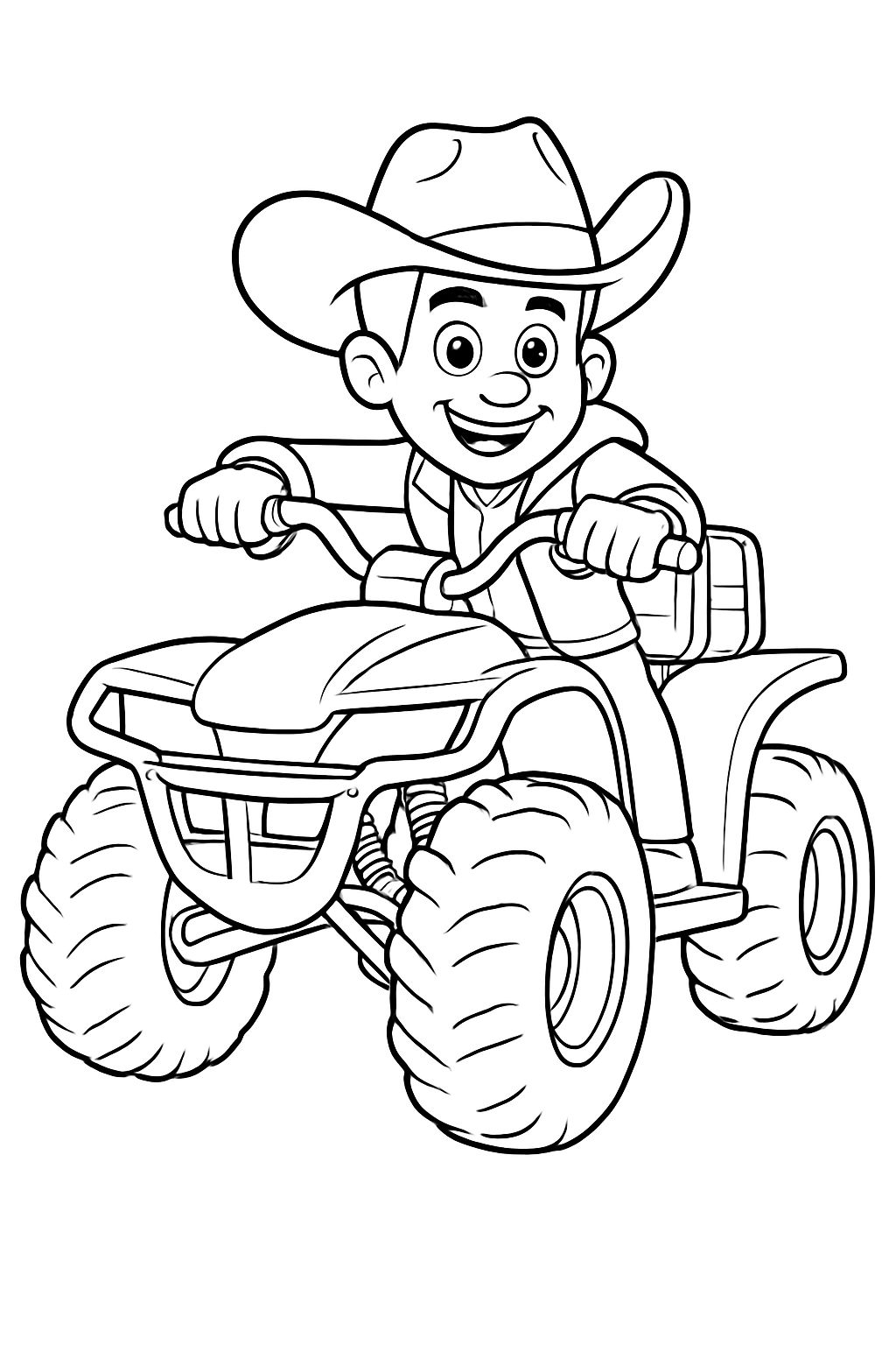 Cheerful Cartoon Boy Riding ATV Adventure Coloring Page
