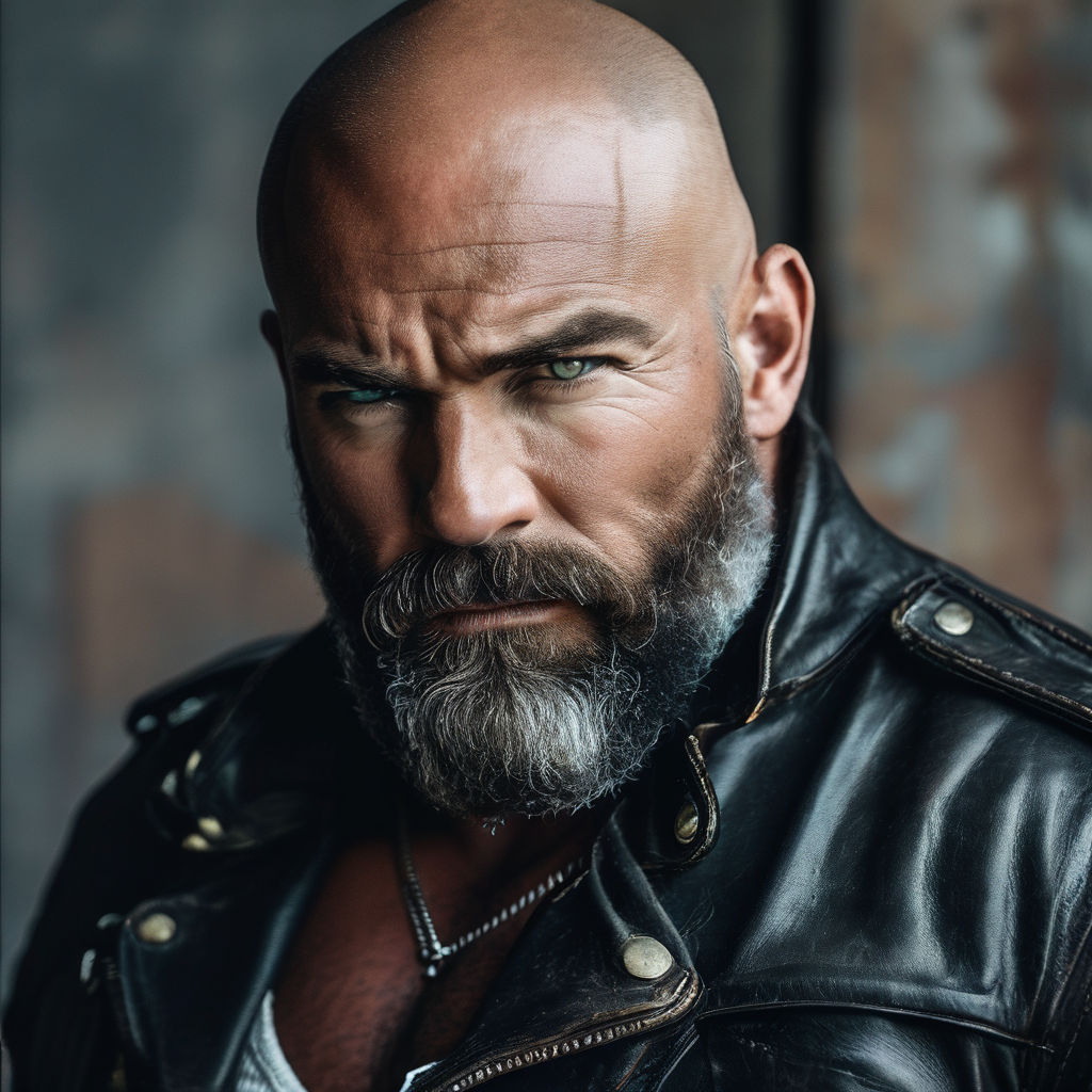 Man without hair round Jewish face bald with black beard gray mustache in  leather brown jacket