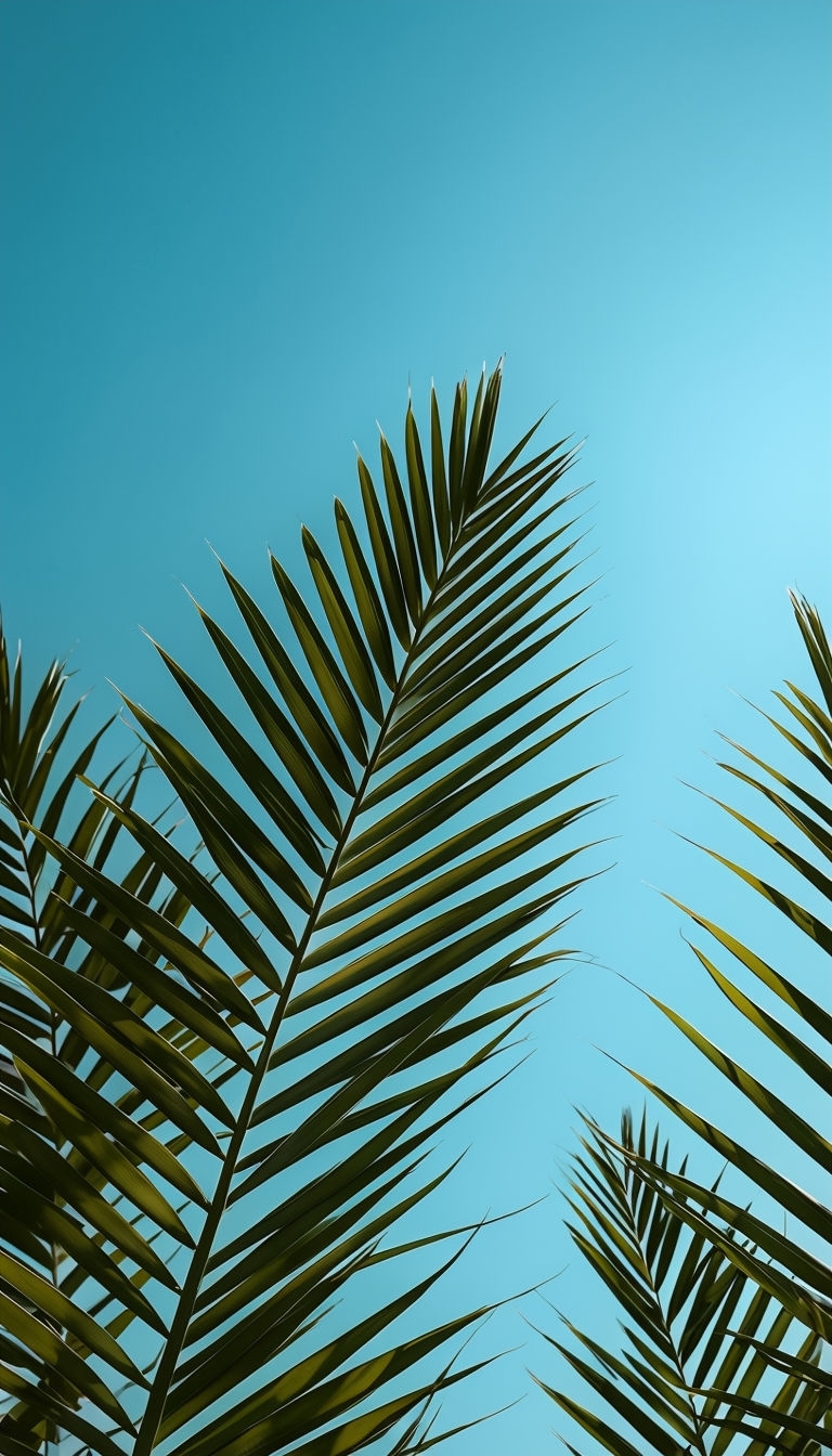 Vibrant Palm Fronds Against Clear Sky Blue Background Mobile Wallpaper