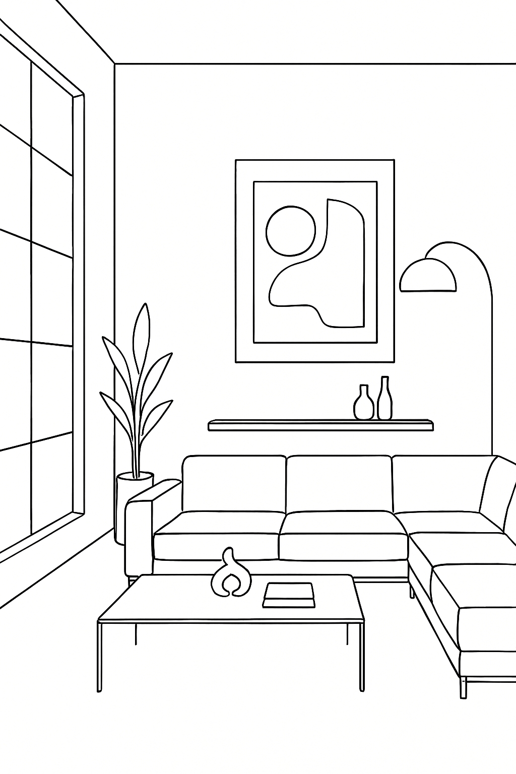 Minimalist Line Drawing of Modern Living Room Coloring Book Page