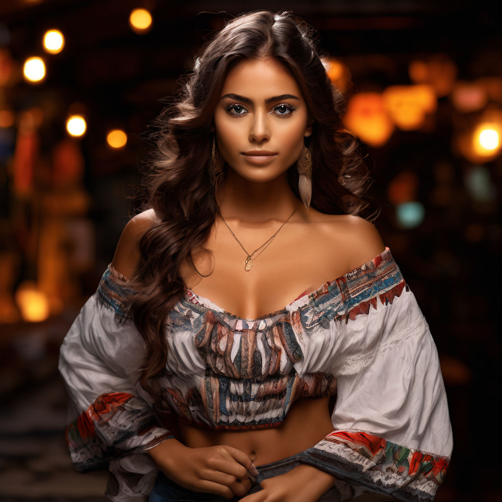 portrait of a gorgeous busty Latina in a crop toptaking a selfie. Utilize a  Nikon AF-S NIKKOR 85mm f/1.4G lens to achieve a shallow depth of field and  a pleasing bokeh effect.