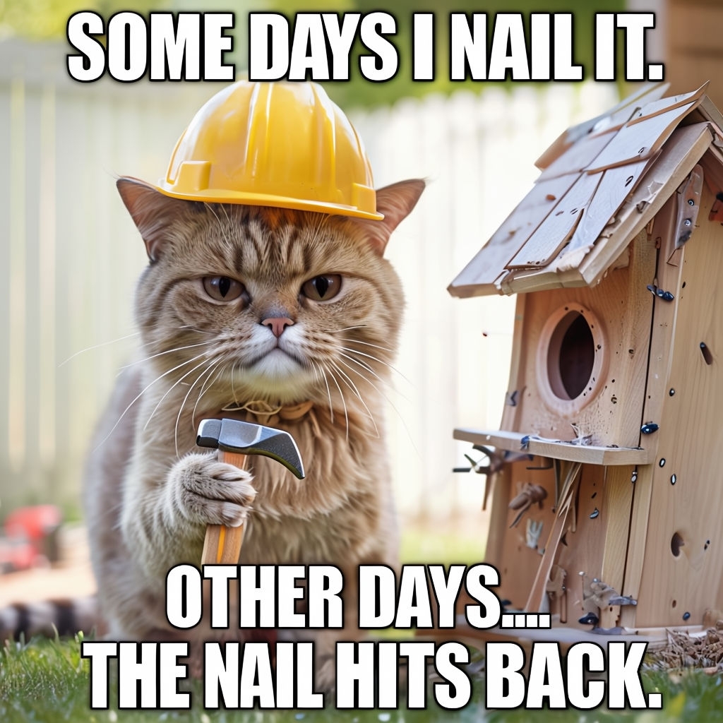 Smug Cat in Construction Helmet with Funny Quotes Meme