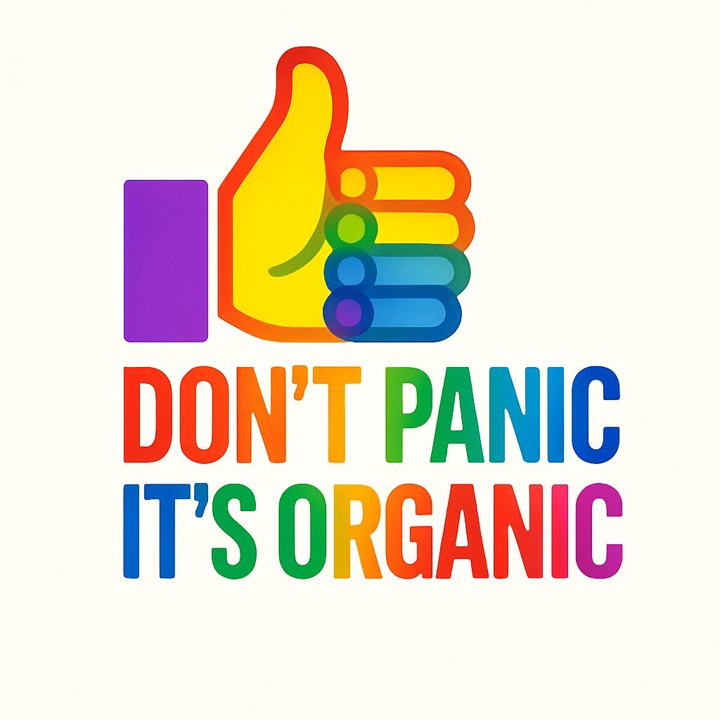 Colorful Thumbs-Up Hand with Don't Panic It's Organic Text Mug