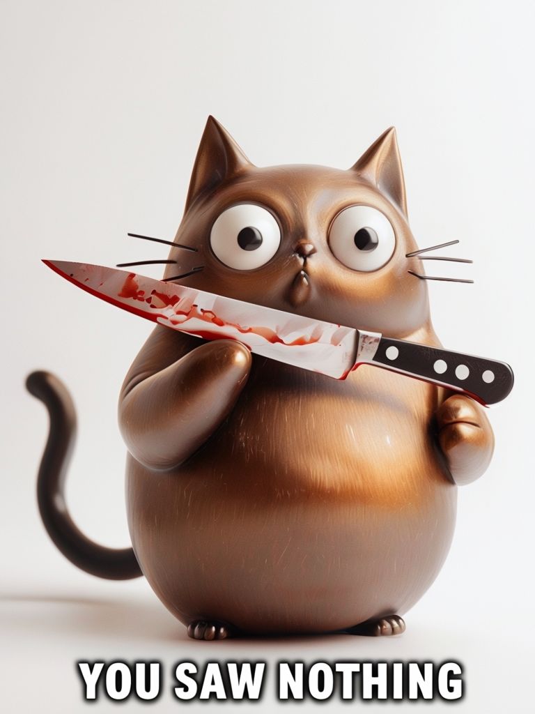 Eerie Cartoon Black Cat Holding Knife with 'You Saw Nothing' T-Shirt -  Playground, image size:768x1024