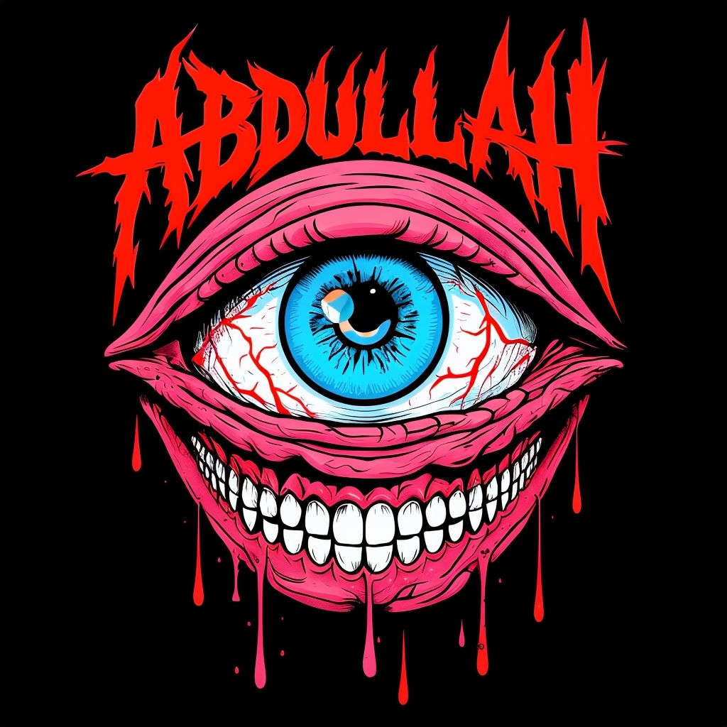 Sinister Cartoon Eye with Grinning Teeth and Horror Text T-Shirt