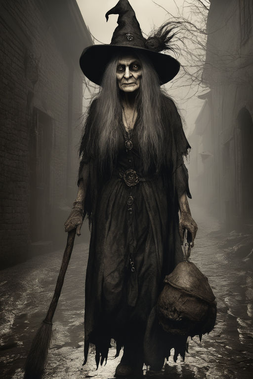 Masterpiece portrait old scary witch walks with a small cree... by Jose ...