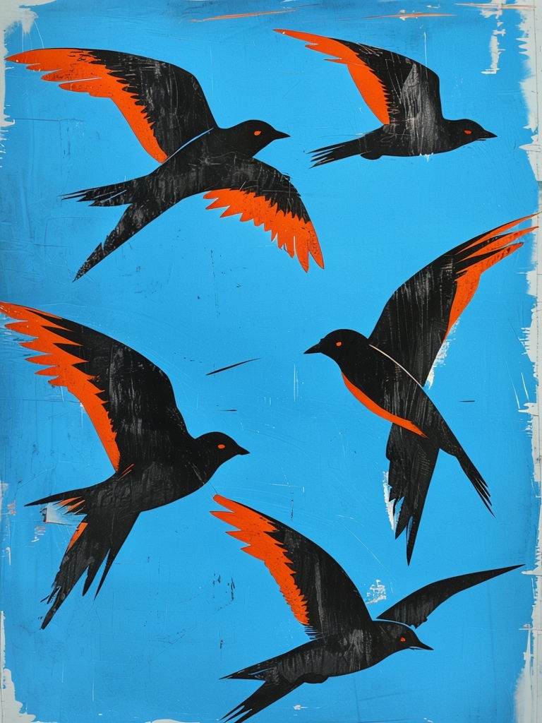 Dynamic Stylized Birds in Flight Woodblock Print T-Shirt