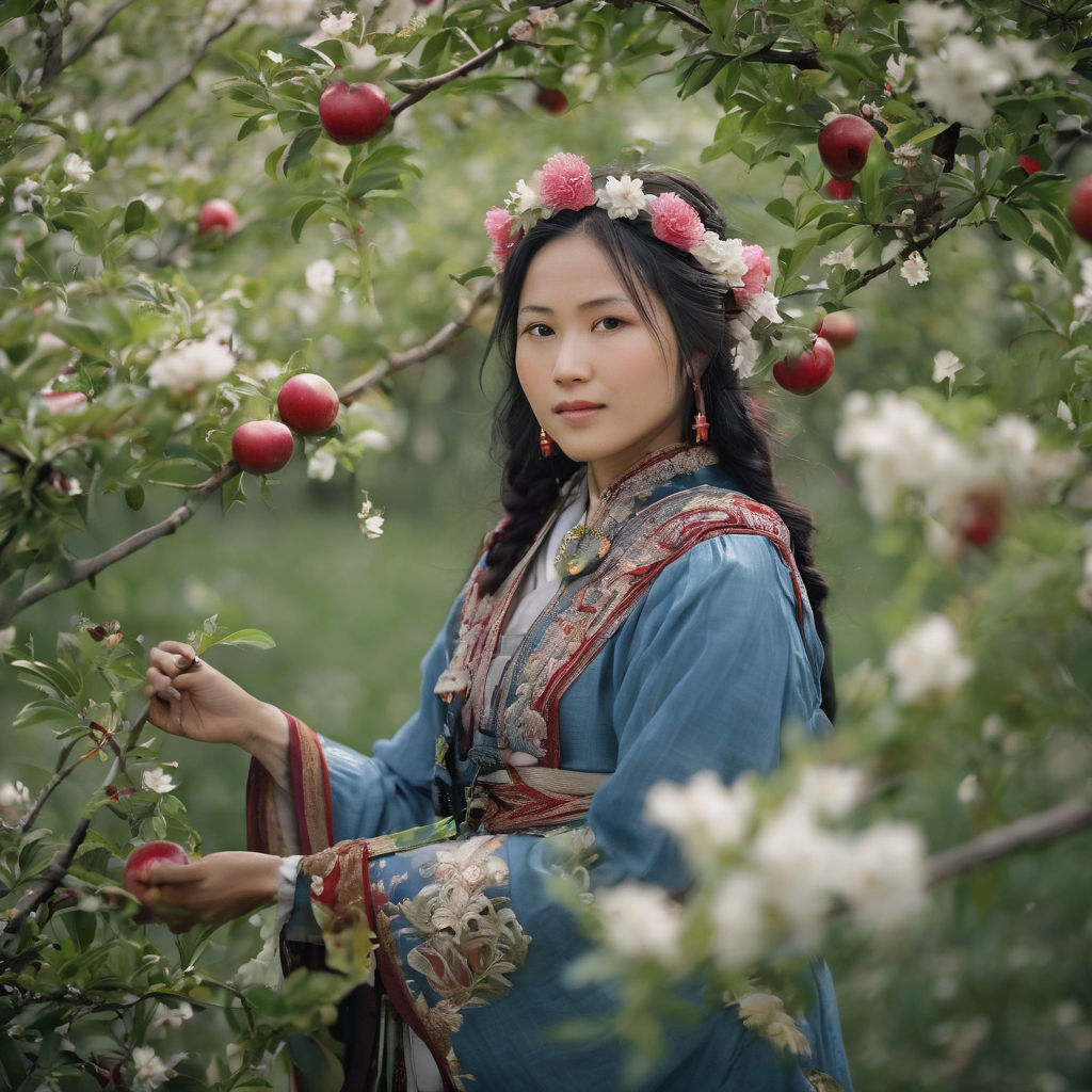 a old lady farmer in front of an apple tree