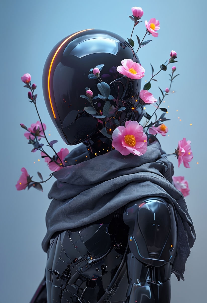 Futuristic Robotic Figure with Vibrant Flowers Art