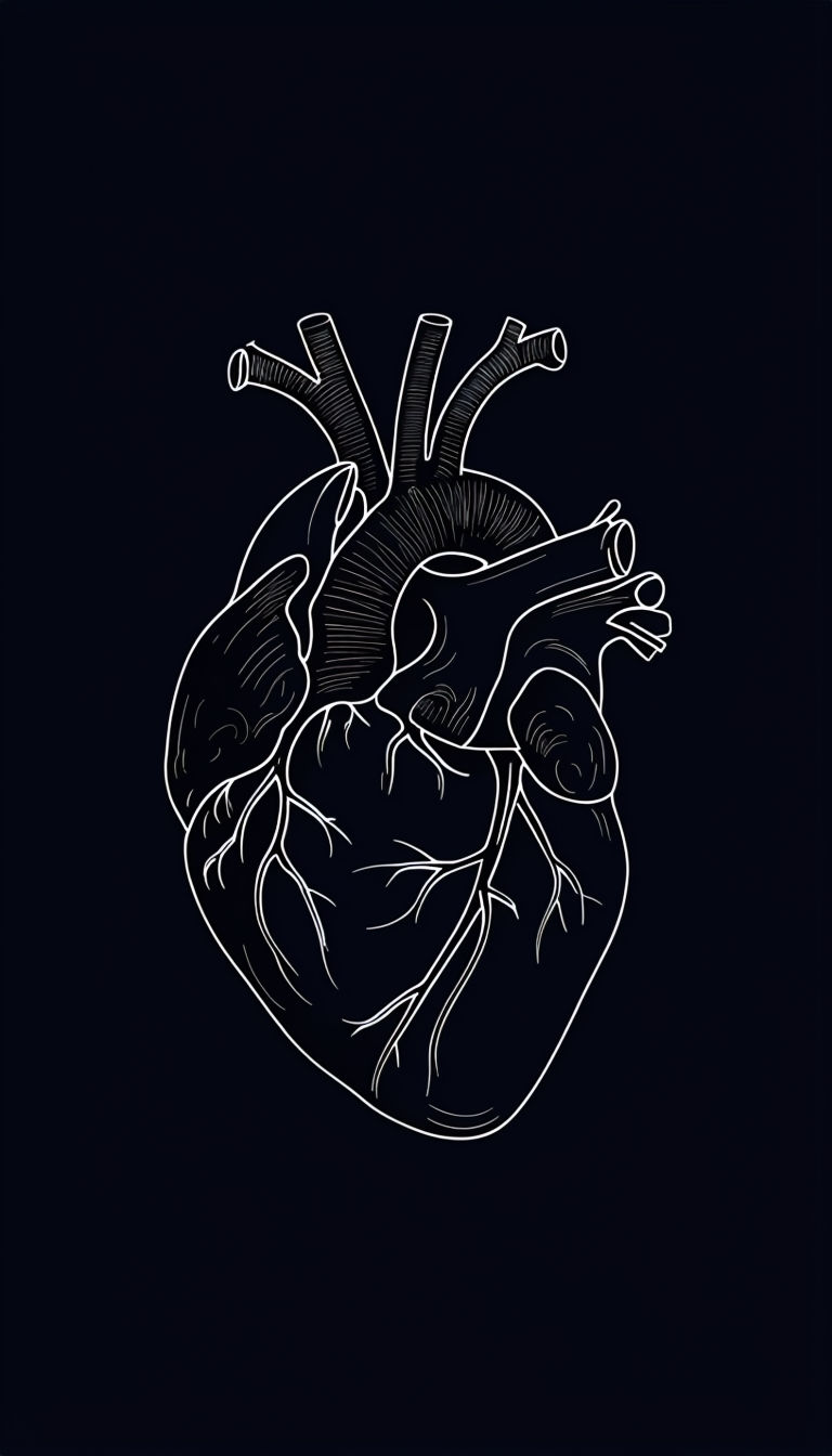 Minimalist White Line Drawing of Human Heart on Black Background Art