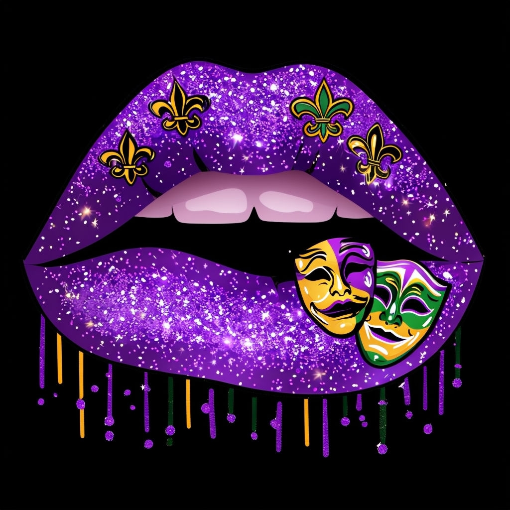 Vibrant Purple Glitter Mardi Gras Lips Illustration T-Shirt