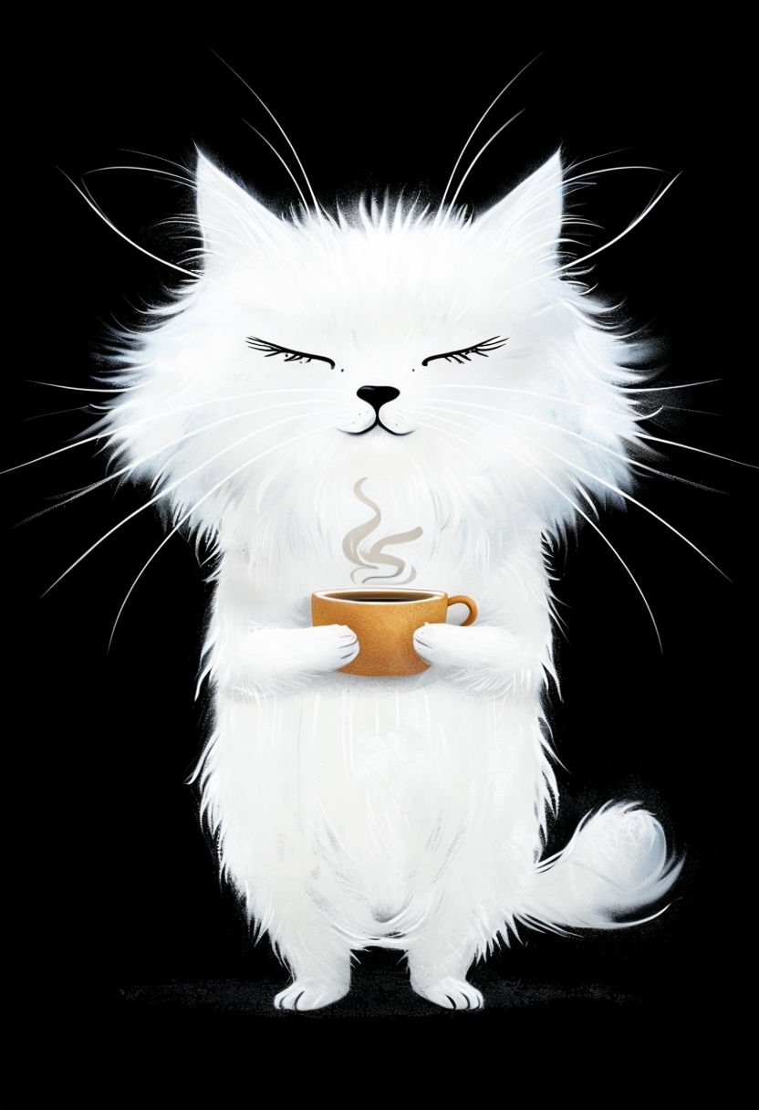 Fluffy White Cat Holding Amber Cup in Serene Illustration Poster