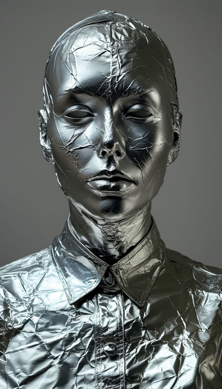 Surreal Human Figure Wrapped in Crumpled Silver Foil Art