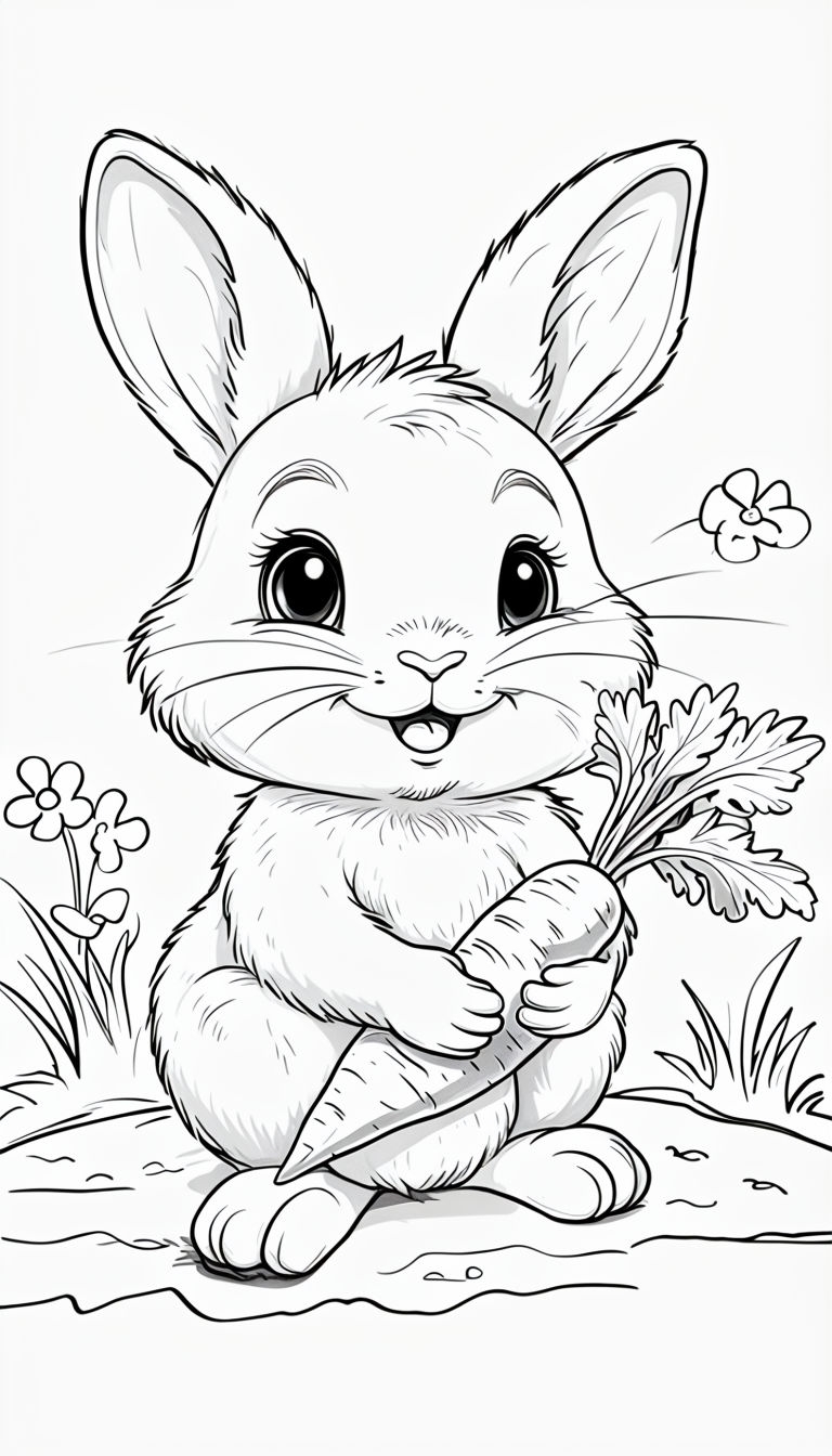 Happy Bunny with Carrot in Garden Coloring Book Page