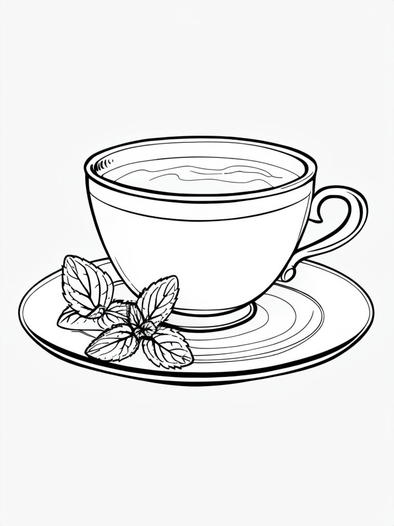 Elegant Black and White Teacup with Mint Leaves Coloring Page