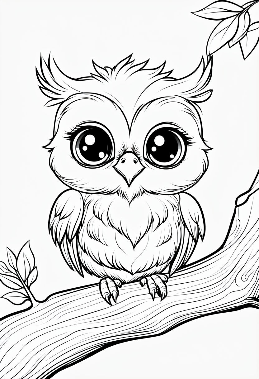 Cute Simple Owlet Line Drawing on Tree Branch Coloring Book Page