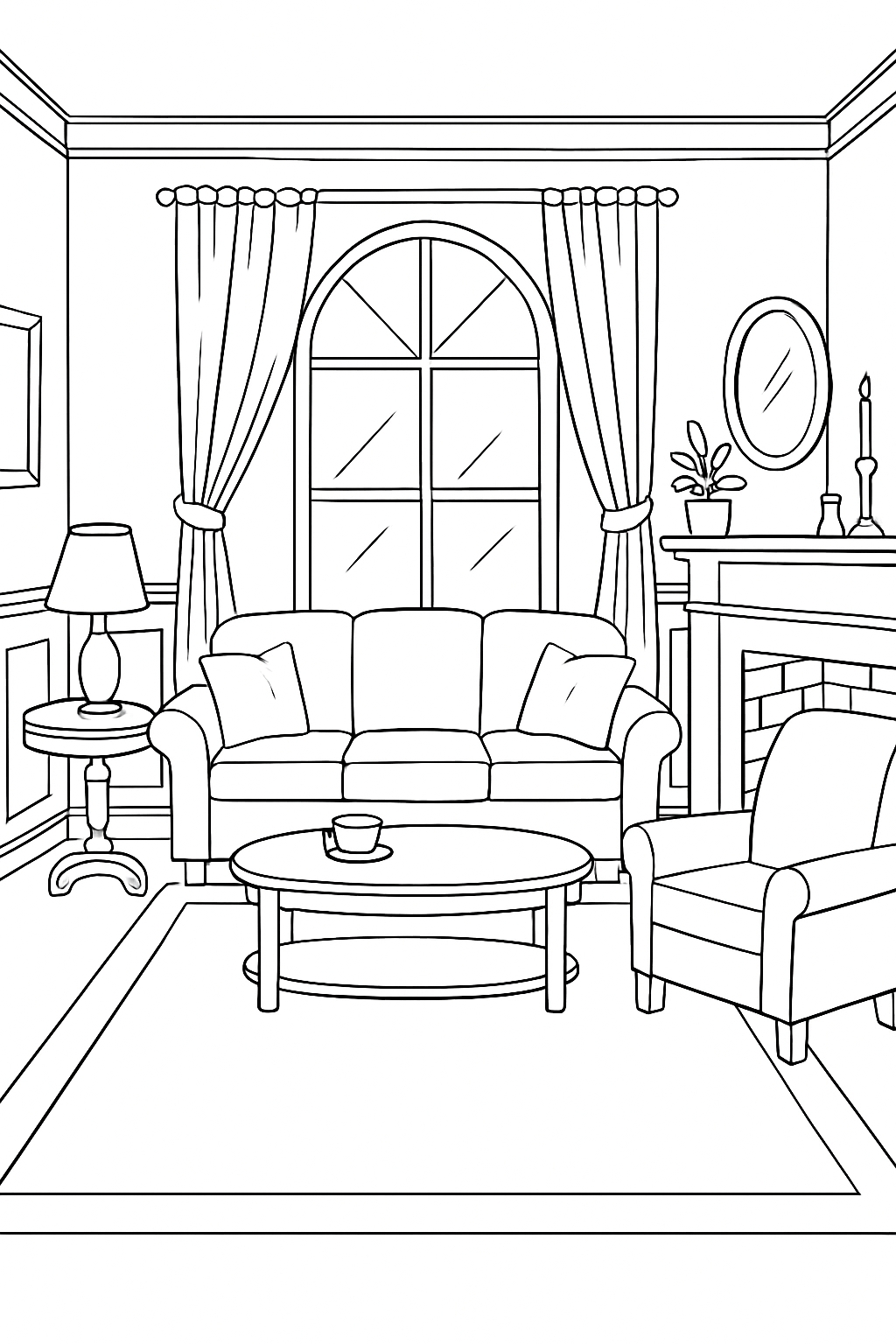 Cozy Living Room Line Drawing for Coloring Book Pages