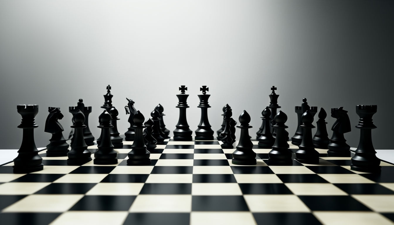 Elegant Chessboard with Glossy Black Pieces Photography for Virtual Backgrounds