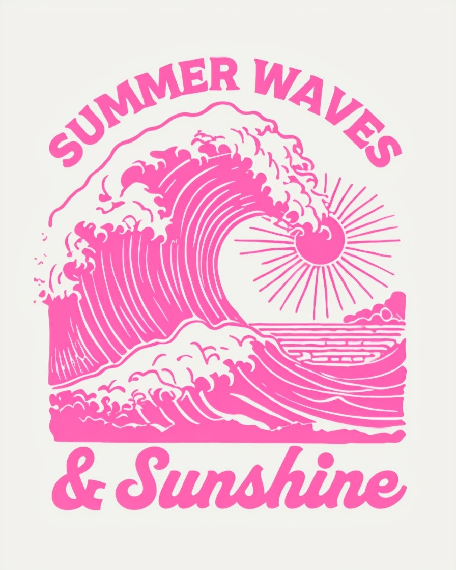 Vintage Summer Waves Pink Graphic Design T-Shirt