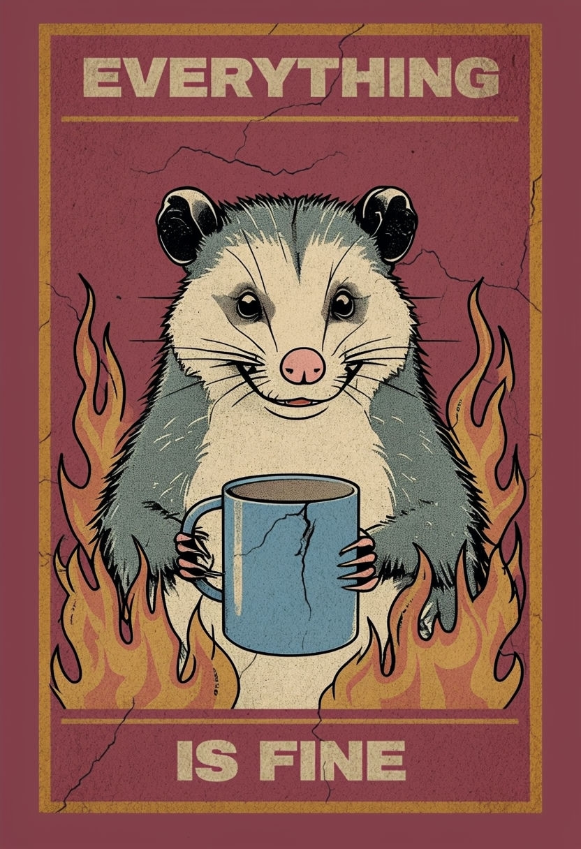 Vintage Cartoon Possum with Dark Humor Flames Poster