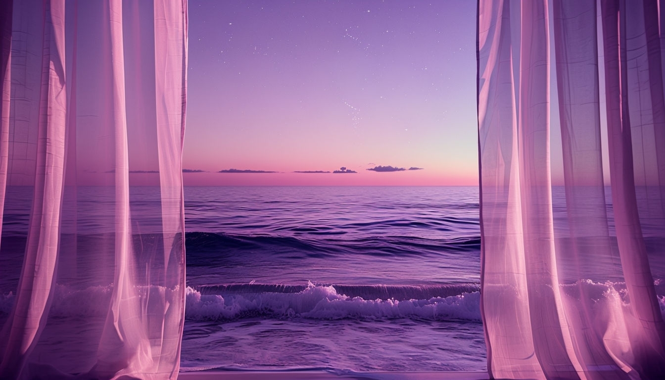 Serene Ocean View Through Light Pink Curtains Virtual Background