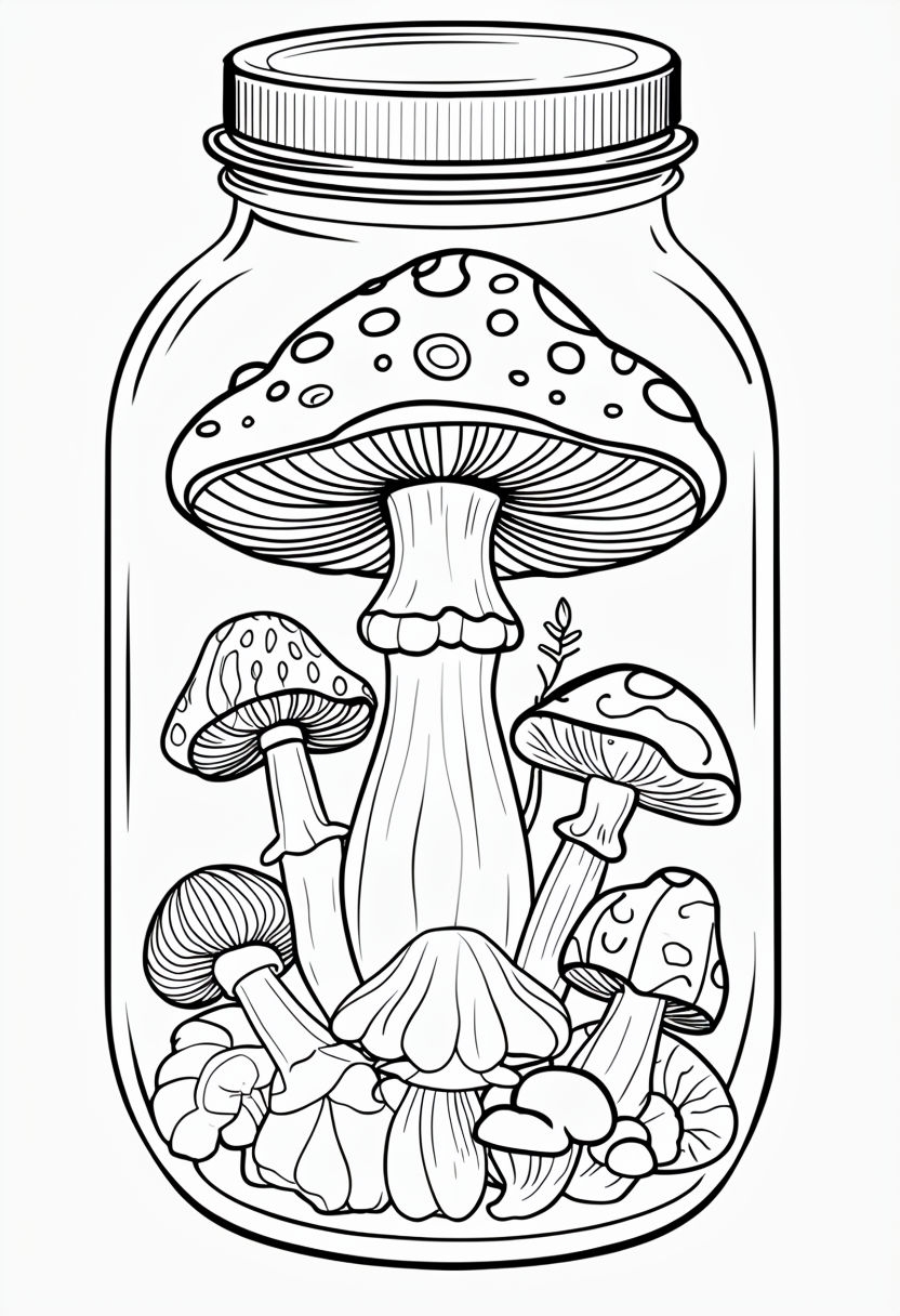 Intricate Mushroom Glass Jar Line Drawing for Coloring Book Pages