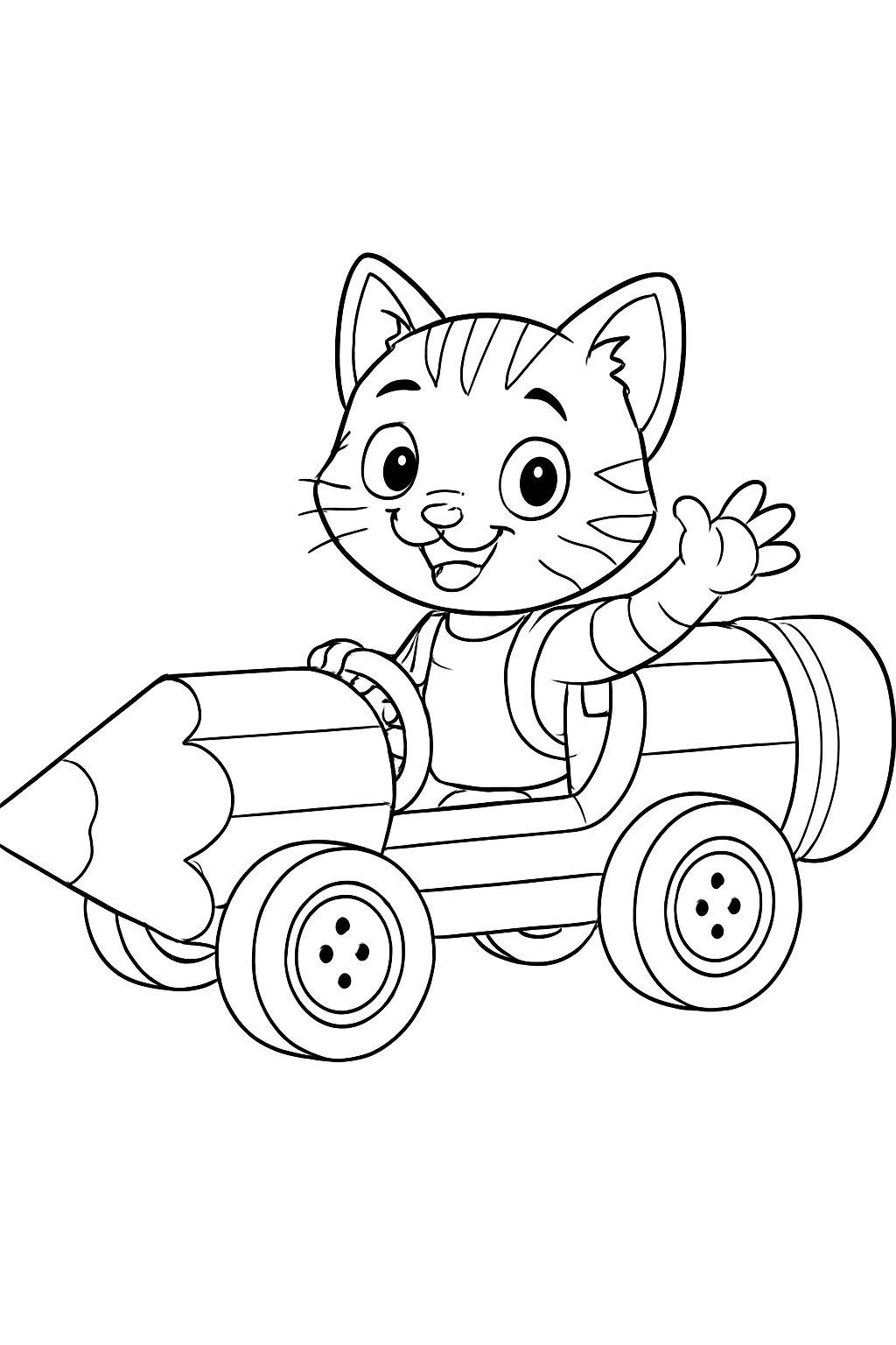 Cheerful Cat Driving Pencil Car Line Drawing Coloring Book Page