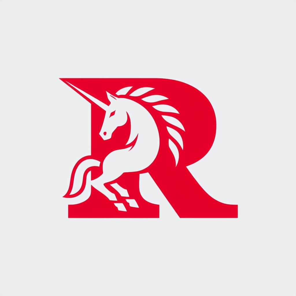 Bold Red R Unicorn Logo Design for Stylish Hats