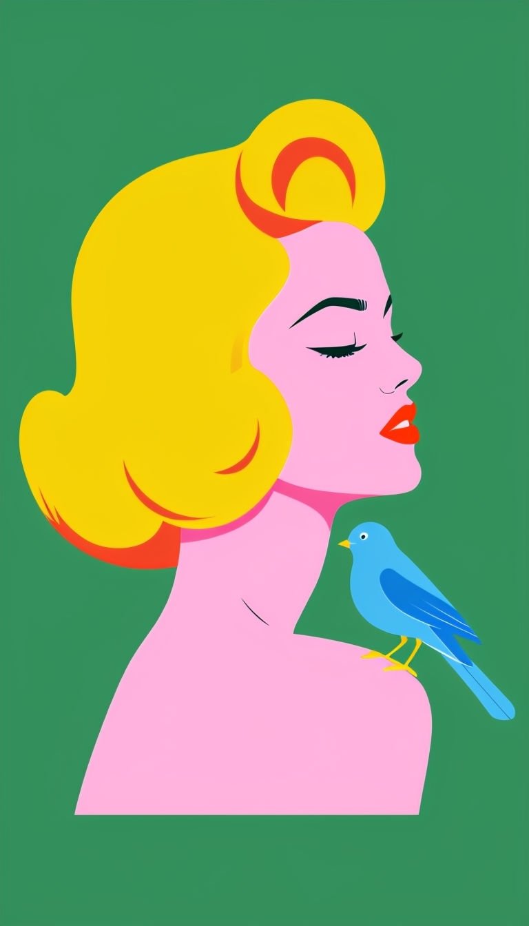 Vibrant Minimalist Woman and Blue Bird Illustration Mobile Wallpaper