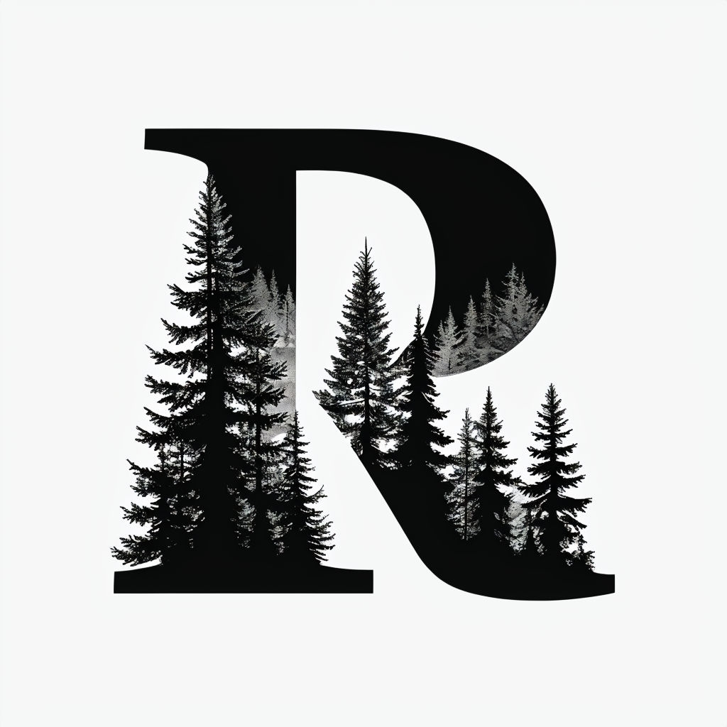 Bold Minimalist Letter R with Evergreen Tree Silhouettes Monogram