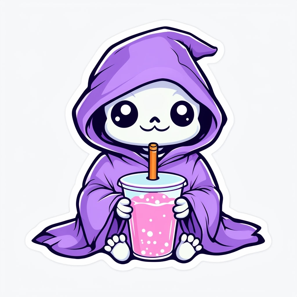 Cute Cartoon Grim Reaper Holding Pink Beverage Sticker