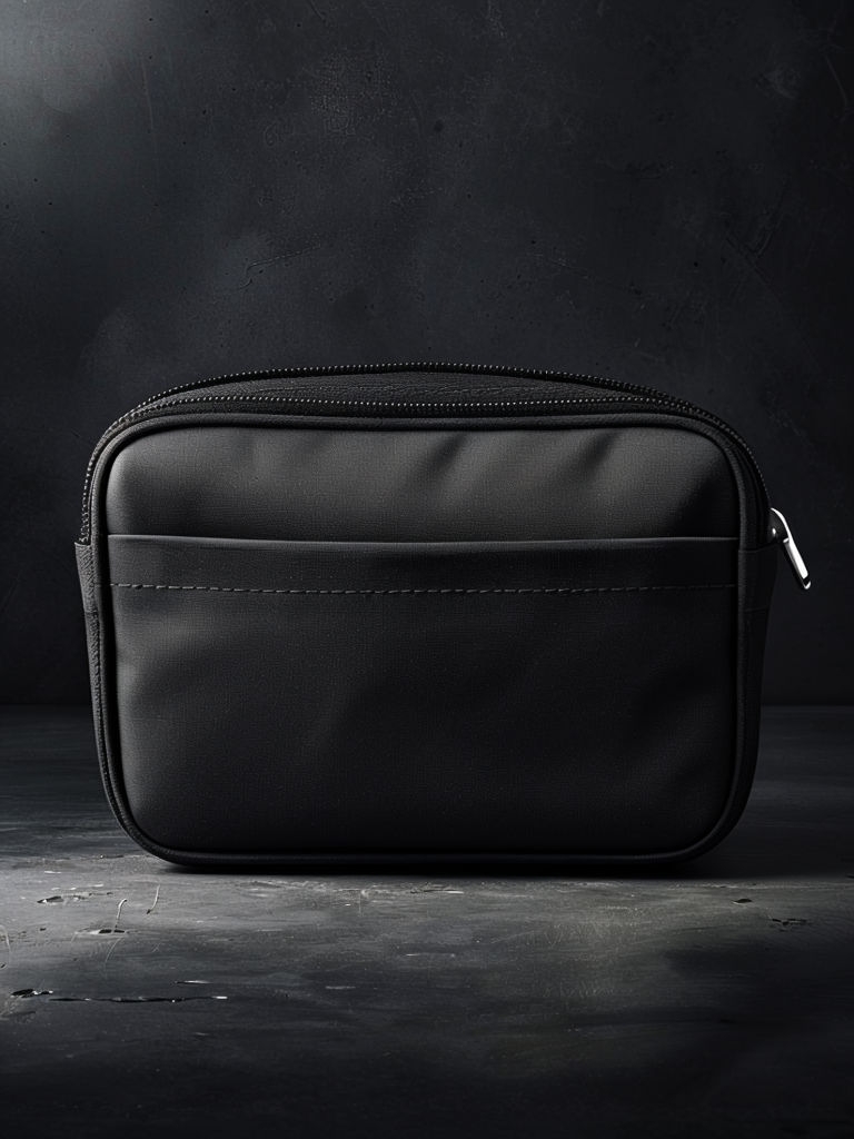 Sleek Black Zipper Pouch on Matte Concrete Background Mockup