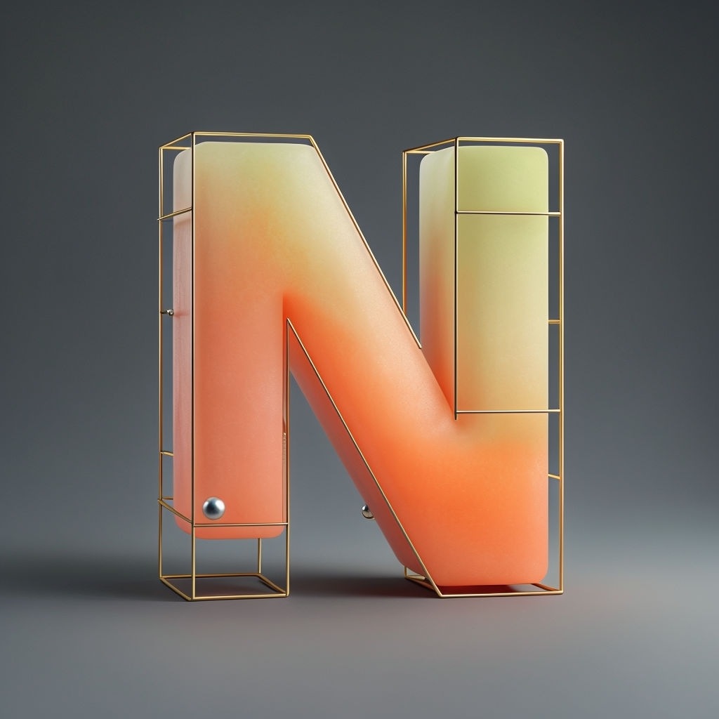 Vibrant 3D Coral Orange Letter N with Gold Wire Frame Design Monogram