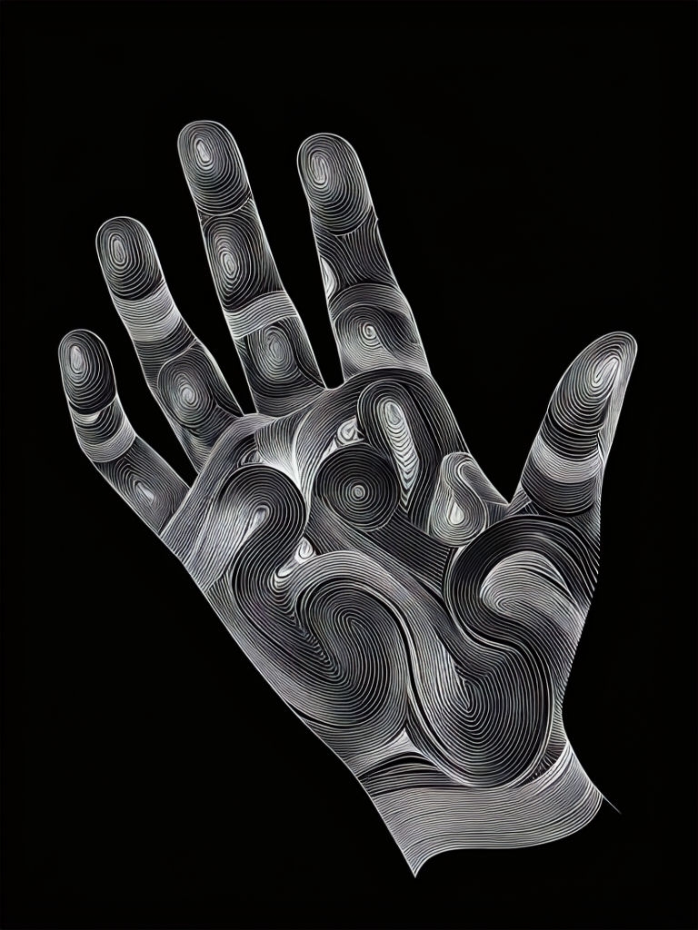 Stylized White Line Human Hand Illustration on Black Background Art